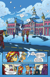 Size: 1024x1575 | Tagged: safe, artist:tonyfleecs, edit, editor:razh, idw, imported from derpibooru, applejack, sunset shimmer, sweet leaf, equestria girls, spoiler:comic, spoiler:comicholiday2014, backpack, breath, canterlot high, clothes, indoors, inside, pantyhose, polish, scarf, snow, translation, translator:lyokoheros, visible breath, winter outfit, wondercolt statue