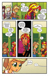 Size: 1024x1575 | Tagged: safe, artist:tonyfleecs, edit, editor:razh, idw, imported from derpibooru, applejack, sunset shimmer, equestria girls, spoiler:comic, spoiler:comicholiday2014, backpack, canterlot high, clothes, indoors, inside, lockers, polish, scarf, translation, translator:lyokoheros, winter outfit