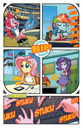 Size: 1024x1575 | Tagged: safe, artist:tonyfleecs, edit, editor:wierzbagames, idw, imported from derpibooru, fluttershy, pinkie pie, rainbow dash, rarity, equestria girls, spoiler:comic, spoiler:comicholiday2014, canterlot high, cellphone, eyes closed, indoors, inside, library, lockers, looking at something, onomatopoeia, phone, polish, smartphone, tapping, translation, translator:lyokoheros