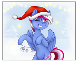 Size: 1841x1483 | Tagged: safe, artist:haruhi-il, imported from derpibooru, oc, oc only, oc:steam loco, pegasus, pony, christmas, commission, cute, hat, hearth's warming eve, holiday, male, pegasus oc, santa hat, smiling, snow, solo, spread wings, standing, wings, ych result