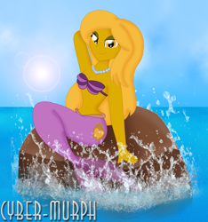 Size: 1960x2096 | Tagged: safe, artist:cyber-murph, imported from derpibooru, oc, oc:golden lust, mermaid, series:cyber-murph's mermaids, equestria girls, arm behind head, belly, belly button, bra, breasts, cleavage, clothes, commission, jewelry, lidded eyes, mermaidized, midriff, necklace, ocean, rock, seashell bra, sitting, species swap, splashing, underwear