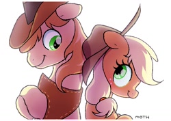 Size: 1457x1032 | Tagged: safe, artist:mochi_nation, imported from derpibooru, applejack, braeburn, earth pony, pony, applejack's hat, cousins, cowboy hat, crossed arms, female, hat, looking at each other, male, mare, simple background, smiling, stallion, white background