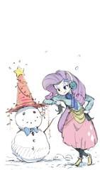 Size: 1080x1920 | Tagged: safe, alternate version, artist:fuyugi, artist:nendo, imported from derpibooru, rarity, equestria girls, bowtie, christmas, christmas lights, clothes, earmuffs, holiday, leaning, scarf, simple background, snow, snowfall, snowman, solo, sweater, traffic cone, white background, winter outfit