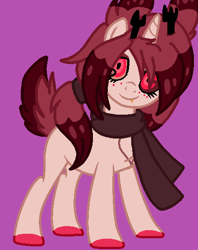 Size: 439x554 | Tagged: safe, artist:circuspaparazzi5678, imported from derpibooru, oc, oc only, oc:vanny, arachnid, deer, deer pony, demon, demon pony, hybrid, original species, pony, spider, spiderpony, unicorn, wendigo, antlers, base used, clothes, crossover, deer demon, deer tail, fangs, female, gold tooth, hazbin hotel, hazbin hotel oc, hazbinhotelnextgeneration, heterochromia, interspecies offspring, magical gay spawn, monocle, non-mlp oc, offspring, parent:alastor, parent:angel dust, parents:radiodust, ponified, pony version, scarf, solo, spider demon, wendigo pony