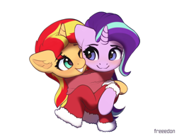 Size: 2600x2000 | Tagged: safe, artist:freeedon, imported from derpibooru, starlight glimmer, sunset shimmer, pony, unicorn, blushing, bust, christmas, clothes, coat, cute, duo, ear fluff, female, glimmerbetes, high res, holiday, hug, lesbian, looking at each other, one eye closed, scarf, shared clothing, shared scarf, shimmerbetes, shimmerglimmer, shipping, simple background, smiling, sweater, transparent background, wink