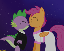 Size: 3750x3016 | Tagged: safe, artist:rainbowšpekgs, imported from derpibooru, scootaloo, spike, dragon, pegasus, pony, clothes, cute, dress, duo, female, kissing, male, night, request, scootaspike, shipping, standing, straight, suit
