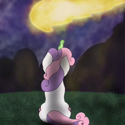 Size: 2318x2310 | Tagged: safe, artist:snow quill, imported from derpibooru, sweetie belle, both cutie marks, comet, cover art, cutie mark, facing away, magic, night, sitting