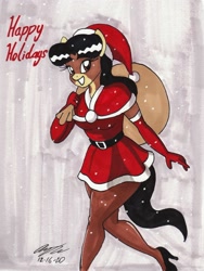 Size: 1979x2629 | Tagged: safe, artist:newyorkx3, imported from derpibooru, oc, oc only, oc:crystal, anthro, plantigrade anthro, christmas, clothes, costume, evening gloves, female, gloves, hat, high heels, holiday, legs, long gloves, looking at you, mare, santa costume, santa hat, shoes, solo