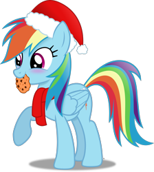 Size: 3257x3641 | Tagged: safe, artist:anime-equestria, imported from derpibooru, rainbow dash, pegasus, pony, blushing, christmas, clothes, cookie, cute, daaaaaaaaaaaw, dashabetes, female, food, happy, hat, high res, hnnng, holiday, mare, mouth hold, raised hoof, santa hat, scarf, simple background, smiling, solo, transparent background, vector, weapons-grade cute, wings