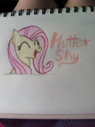 Size: 1936x2592 | Tagged: safe, artist:agentkit95, imported from derpibooru, fluttershy, pegasus, pony, bust, eyelashes, eyes closed, female, mare, open mouth, smiling, solo, traditional art