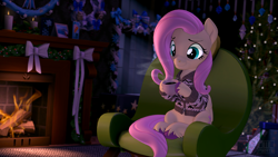 Size: 3840x2160 | Tagged: safe, artist:owlpirate, imported from derpibooru, fluttershy, pegasus, pony, 3d, candle, chair, christmas, christmas presents, christmas tree, clothes, coffee cup, coffee mug, cozy, cup, cute, female, fire, fireplace, holiday, hoof hold, mug, ribbon, sfm pony, shyabetes, solo, source filmmaker, sweater, sweatershy, tree