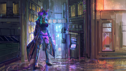 Size: 3840x2160 | Tagged: safe, artist:museuk, imported from derpibooru, oc, oc only, oc:dawn sentry, anthro, bat pony, background, boots, clothes, coat, cyberpunk, dumpster, dyed hair, dyed mane, female, glasses, looking at you, rain, science fiction, shoes, solo, trenchcoat