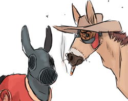Size: 1280x1021 | Tagged: safe, artist:bestpartofwakingup, imported from derpibooru, donkey, hybrid, mule, pony, bust, cigarette, clothes, duo, gas mask, hat, mask, ponified, pyro, simple background, smoking, sniper, team fortress 2, white background