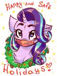 Size: 1200x1600 | Tagged: safe, artist:falafeljake, imported from derpibooru, starlight glimmer, pony, unicorn, bust, christmas, christmas wreath, face mask, holiday, mask, simple background, solo, stay at home, stay safe, white background, wreath