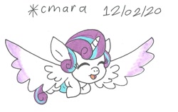 Size: 1031x651 | Tagged: safe, artist:cmara, imported from derpibooru, princess flurry heart, alicorn, pony, baby, baby pony, cute, diaper, eyes closed, female, filly, flurrybetes, flying, open mouth, open smile, simple background, smiling, solo, spread wings, traditional art, white background, wings