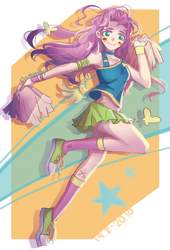 Size: 2036x2992 | Tagged: safe, artist:xinury辛娜, imported from derpibooru, fluttershy, human, abstract background, cheerleader, clothes, converse, face paint, female, humanized, legs, messy hair, pom pom, shoes, skirt, smiling, solo