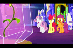 Size: 720x480 | Tagged: safe, edit, edited screencap, imported from derpibooru, screencap, sound edit, apple bloom, scootaloo, sweetie belle, earth pony, pegasus, pony, unicorn, growing up is hard to do, age spell, ai assisted, ai content, aivo, animated, bow, crystal, cutie map, cutie mark, cutie mark crusaders, female, fifteen.ai, hair bow, looking at each other, older, older apple bloom, older cmc, older scootaloo, older sweetie belle, smiling, sound, table, the cmc are now legal, the cmc's cutie marks, this will end in tears and/or death and/or covered in tree sap, twilight's castle, webm