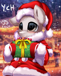 Size: 1280x1611 | Tagged: safe, artist:pridark, imported from derpibooru, part of a set, oc, oc only, pony, :p, christmas, clothes, commission, costume, cute, gift wrapped, hat, holding, holiday, santa costume, santa hat, solo, tongue out, ych example, ych sketch, your character here