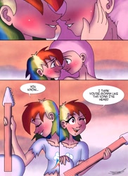 Size: 2978x4096 | Tagged: safe, artist:ringteam, imported from derpibooru, fluttershy, rainbow dash, human, comic:a certain confession, blushing, comic, eyes closed, female, flutterdash, humanized, kissing, lesbian, shipping, speech bubble