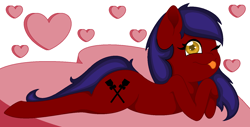 Size: 1516x772 | Tagged: safe, artist:horsesrnaked, imported from derpibooru, oc, oc only, oc:fluffycuffs, earth pony, pony, cute, cutie mark, heart, loose hair, love, lying down, natural, no accessories, no accessory, no makeup, one eye closed, simple background, solo, tongue out, white background, wink