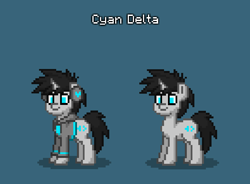 Size: 890x656 | Tagged: safe, artist:brony eddie, imported from derpibooru, oc, oc only, oc:cyan delta, pony, unicorn, pony town, blue background, clothes, headphones, hoodie, original character do not steal, simple background, smiling