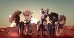 Size: 3854x2000 | Tagged: safe, artist:triplesevens, imported from ponybooru, oc, oc only, oc:aripegio del mandolino, oc:boreal bloom, oc:kona, oc:short fuse, pegasus, pony, unicorn, zebra, bandana, crossbow, crossover, group shot, kenshi, ninja, outdoors, sunset, sword, weapon, zebra oc