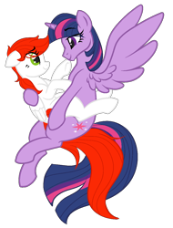 Size: 906x1193 | Tagged: safe, artist:daydreamingdragon123, imported from derpibooru, twilight sparkle, oc, oc:pearl rose, alicorn, pegasus, pony, canon x oc, looking at each other, loving embrace, shipping, simple background, transparent background, twilight sparkle (alicorn)