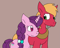 Size: 927x737 | Tagged: safe, artist:cmara, imported from derpibooru, big macintosh, sugar belle, earth pony, pony, unicorn, brown background, female, freckles, looking at each other, male, mare, shipping, simple background, stallion, straight, sugarmac