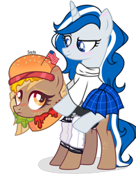 Size: 2130x2710 | Tagged: safe, artist:seichi, imported from derpibooru, oc, oc only, oc:balmoral, oc:patty (ice1517), earth pony, pony, unicorn, american, american flag, blushing, burger, clothes, commission, duo, female, food, freckles, hat, jacket, jersey, ketchup, kilt, lettuce, looking at each other, mare, mustard, nation ponies, ponies riding ponies, ponified, raised eyebrow, riding, sauce, scotland, scottish, simple background, skirt, sweater, tomato, transparent background, varsity jacket, ych result