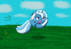 Size: 1280x875 | Tagged: safe, artist:gmangamer25, imported from derpibooru, trixie, pony, unicorn, ball, bouncing, cartoon physics, cloud, cute, diatrixes, female, grass, happy, inanimate tf, mare, morph ball, solo, transformation, trixieball