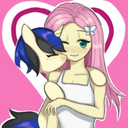 Size: 1004x1002 | Tagged: safe, artist:矢川千野, imported from derpibooru, fluttershy, oc, oc:forestar, human, pony, unicorn, equestria girls, canon x oc, cute, duo, female, flutterstar, human and pony, kissing, love, male, shipping, straight