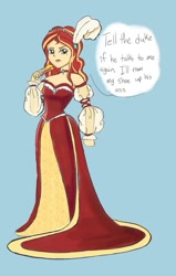 Size: 633x997 | Tagged: safe, artist:pettypop, editor:thomasfan45, imported from derpibooru, sunset shimmer, human, equestria girls, annoyed, bare shoulders, beautiful, beauty mark, blue background, breasts, choker, cleavage, clothes, cropped, curvy, cute, dress, fan, female, gown, hourglass figure, jewelry, open mouth, poofy sleeves, sexy, shimmerbetes, simple background, solo, speech bubble, vulgar
