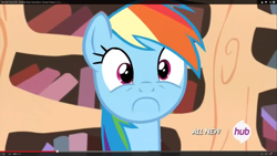 Size: 1920x1080 | Tagged: safe, edit, edited screencap, imported from derpibooru, screencap, rainbow dash, pony, testing testing 1-2-3, :c, frown, golden oaks library, hub logo, hubble, inverted mouth, solo