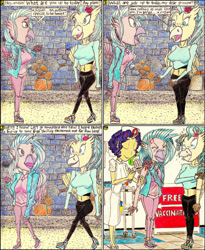 Size: 1024x1246 | Tagged: safe, artist:meiyeezhu, imported from derpibooru, lolli love, nurse heartstick, princess skystar, silverstream, anthro, hippogriff, human, my little pony: the movie, anime, bored, brick wall, clothes, comic, cousins, cringing, crying, freckles, hat, hesitant, high heels, horn, horned humanization, hospital, humanized, injection, jacket, jewelry, long sleeve shirt, long sleeved shirt, long sleeves, necklace, needle, nervous, nurse, nurse hat, nurse outfit, old master q, pain, pants, parody, reference, sand, shaking, shoes, sign, sneakers, standing, syringe, tears of pain, vaccination, wall, yoga pants