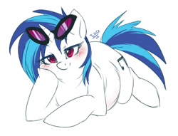 Size: 443x339 | Tagged: source needed, safe, artist:mr-tiaa, imported from derpibooru, dj pon-3, vinyl scratch, pony, unicorn, chubby, fat, female, lying down, simple background, solo, vinyl fat, white background