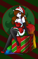 Size: 1242x1920 | Tagged: safe, artist:mscolorsplash, imported from derpibooru, oc, oc only, oc:color splash, anthro, pegasus, pony, bedroom eyes, choker, christmas, clothes, dress, female, hat, high heels, holiday, holly, looking at you, mare, present, santa hat, shoes, socks, stiletto heels, stockings, thigh highs