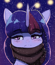 Size: 1300x1537 | Tagged: safe, artist:mrscroup, imported from derpibooru, twilight sparkle, pony, blushing, bust, clothes, cute, female, lights, mare, portrait, scarf, snow, snowfall, solo, twiabetes, winter