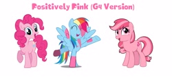 Size: 3289x1525 | Tagged: safe, imported from derpibooru, minty, pinkie pie, rainbow dash, earth pony, pegasus, pony, a very pony place, positively pink, covered in paint, eyes closed, g3, g3 to g4, g4, generation leap, looking at you, paint, pink minty, pink paint, pink rainbow dash, recolor, simple background, smiling, text, white background