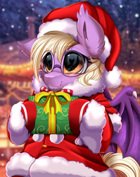 Size: 1280x1611 | Tagged: safe, artist:pridark, imported from derpibooru, part of a set, oc, oc only, oc:pinkfull night, bat pony, pony, bat pony oc, bat wings, christmas, clothes, commission, costume, cute, ear fluff, fangs, female, gift wrapped, glasses, hat, holding, holiday, santa costume, santa hat, smiling, solo, teenager, wings, ych result