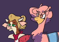 Size: 771x547 | Tagged: safe, artist:azulejo, imported from derpibooru, arizona cow, paprika paca, alpaca, cow, them's fightin' herds, adora, arizona (tfh), arizona cow is not amused, arizona is not amused, clothes, community related, cosplay, costume, female, glimmer (she-ra), paprika (tfh), she-ra and the princesses of power, smiley face, smiling