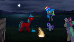 Size: 3840x2160 | Tagged: safe, artist:108fiona8fay, imported from derpibooru, oc, oc only, earth pony, pegasus, pony, unicorn, female, filly, fire, magic, male, mare, rain, stallion