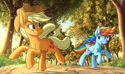 Size: 1280x762 | Tagged: safe, artist:kaylerustone, imported from derpibooru, applejack, rainbow dash, earth pony, pegasus, pony, fall weather friends, season 1, applebetes, autumn, cute, dashabetes, duo, featured image, female, forest, grass, hat, jackabetes, leaves, looking at each other, looking back, mare, open mouth, racing, riding, running, scene interpretation, scenery, scenery porn, smiling, sunset, sweet dreams fuel, tree