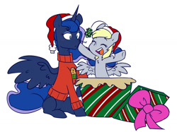 Size: 1280x956 | Tagged: safe, artist:chub-wub, imported from derpibooru, derpy hooves, princess luna, alicorn, pegasus, pony, boop, bow, christmas, christmas sweater, clothes, duo, female, hat, holiday, lesbian, lunaderp, mare, mistletoe, present, santa hat, shipping, simple background, sweater, white background