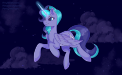 Size: 500x307 | Tagged: safe, artist:incendiaryboobs, artist:incendiarymoth, imported from derpibooru, princess luna, starlight glimmer, oc, alicorn, pony, unicorn, background, cutie mark, female, fusion, jewelry, magic, mare, night, regalia