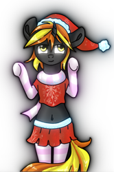 Size: 2252x3399 | Tagged: safe, artist:apple joy, artist:melody joy, artist:sunrise pegasus, imported from derpibooru, oc, oc only, oc:java, anthro, semi-anthro, unicorn, anthro oc, christmas, clothes, hat, holiday, santa hat, scarf, simple background, skirt, socks, striped socks, transparent background