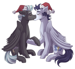 Size: 2600x2400 | Tagged: safe, artist:kikirdcz, imported from derpibooru, soarin', thunderlane, pegasus, pony, christmas, duo, eyes closed, french kiss, gay, hat, holding hooves, holiday, kiss on the lips, kissing, male, raised hoof, santa hat, shipping, simple background, soarilane, stallion, transparent background