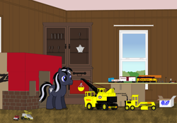 Size: 3400x2365 | Tagged: safe, artist:lonewolf3878, imported from derpibooru, oc, oc only, oc:chrome thunder, pony, unicorn, box, clubhouse, crane, gobots, jayce and the wheeled warriors, model train, pickup truck, road grader, room, solo, stomper (toy), tonka, toy