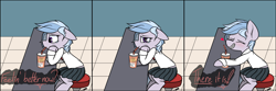 Size: 2280x759 | Tagged: safe, artist:pinkberry, imported from derpibooru, oc, oc only, oc:winter azure, earth pony, pony, barstool, braces, burger, clothes, colt, crossdressing, cute, drinking, drinking straw, earth pony oc, eyelashes, femboy, food, freckles, girly, hay burger, heart, male, milkshake, ocbetes, offscreen character, restaurant, school uniform, skirt, smiling, solo, speech, talking, teary eyes, text, trap