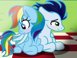 Size: 860x654 | Tagged: safe, artist:thunderlight812, imported from derpibooru, rainbow dash, soarin', blushing, female, hug, looking away, lying down, male, picnic blanket, prone, shipping, soarindash, straight, winghug