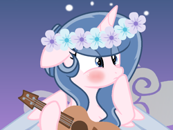 Size: 924x696 | Tagged: safe, artist:lominicinfinity, imported from derpibooru, oc, oc only, oc:sparkdust knight, alicorn, pony, floral head wreath, flower, guitar, musical instrument, solo